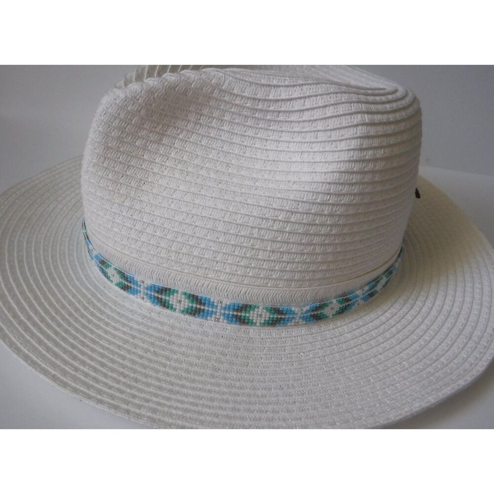 Beaded Hat Band White, Teals, Gray & Silver w/ Leather